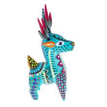 Load image into Gallery viewer, Copal Wood Alebrije Deer Figurine Painted in Turquoise Hues - Charming Turquoise Deer | NOVICA
