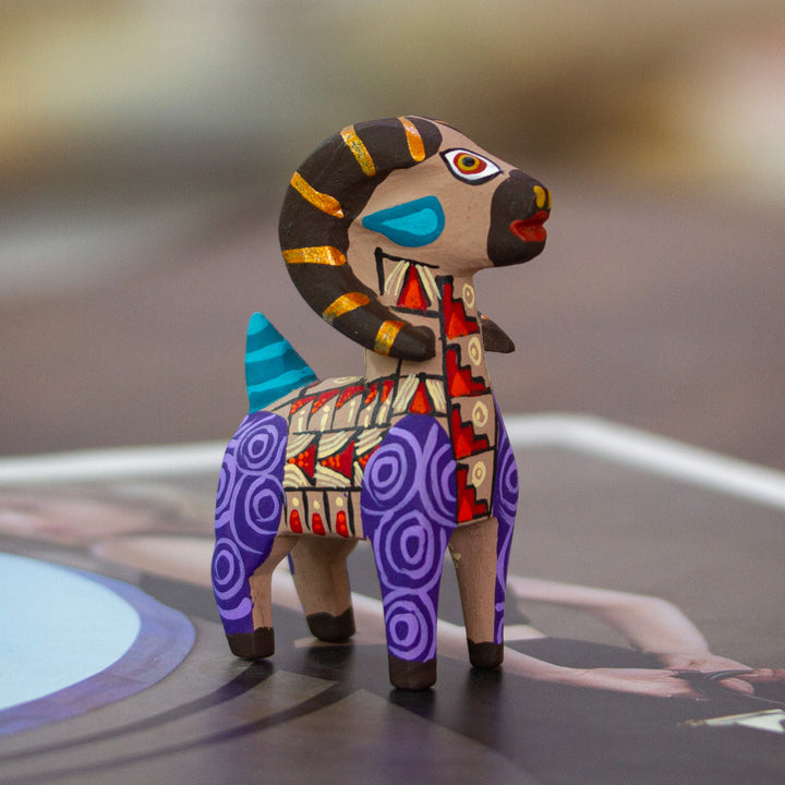 Copal Wood Alebrije Sheep Figurine Hand-Painted in Purple - Majestic Sheep | NOVICA