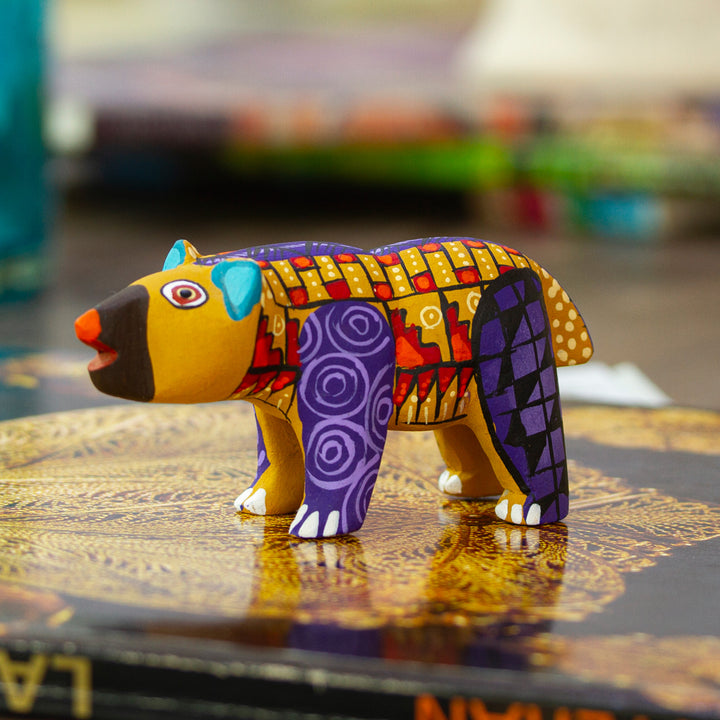 Handmade Geometric Yellow Copal Wood Bear Alebrije Figurine - The Noble Master in Yellow | NOVICA