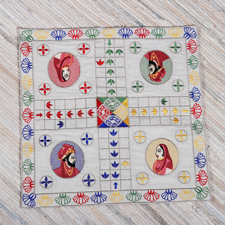 Traditional Embroidered Ecru Cotton Ludo Game from India - Game of Royals | NOVICA