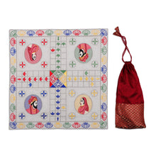 Load image into Gallery viewer, Traditional Embroidered Ecru Cotton Ludo Game from India - Game of Royals | NOVICA
