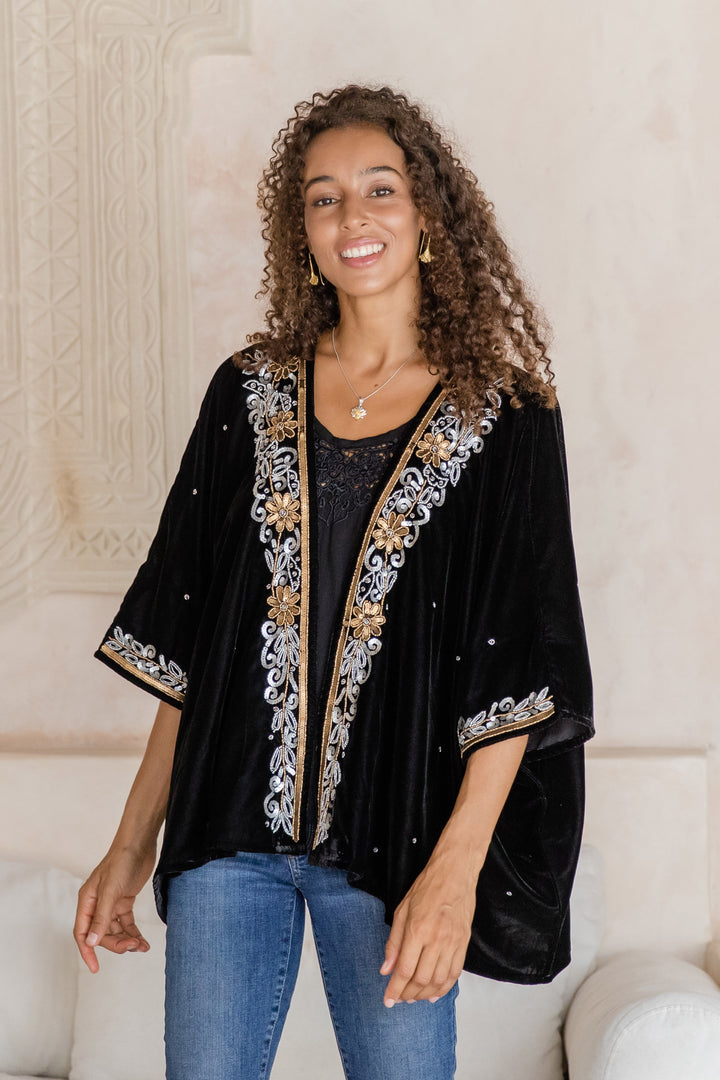 Golden and Silver Hand-Beaded Layering Jacket in Black - Golden Nightbird | NOVICA