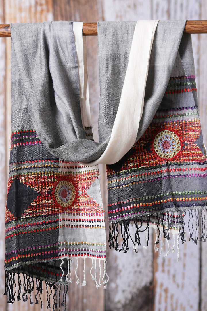 Woven Viscose Scarf with Embroidery in Grey White and Red - Timeless Splendor | NOVICA