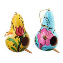 Load image into Gallery viewer, Set of Two Floral Yellow and Blue Dried Gourd Ornaments - Summer Homes | NOVICA
