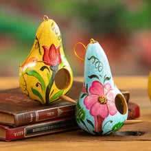 Load image into Gallery viewer, Set of Two Floral Yellow and Blue Dried Gourd Ornaments - Summer Homes | NOVICA
