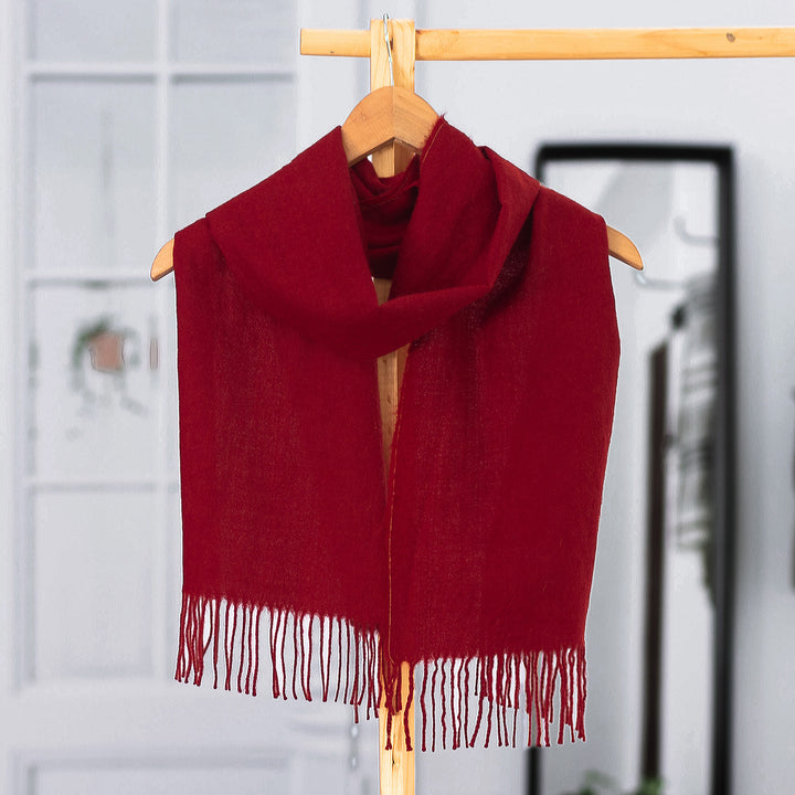 100% Alpaca Fringed Scarf in Red Hand-Woven in Peru - Crimson Tide | NOVICA