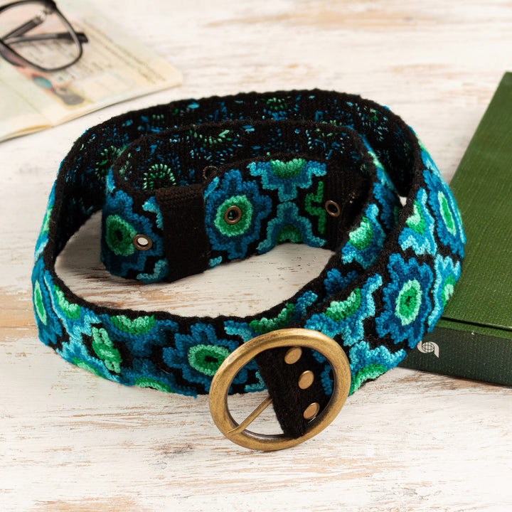 Chakana-Themed Turquoise and Green Embroidered Wool Belt - Turquoise Worlds | NOVICA