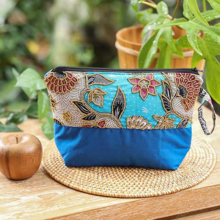 Embroidered Cotton Cosmetic Bag in Blue with Batik Motif - Blue Blooming | NOVICA