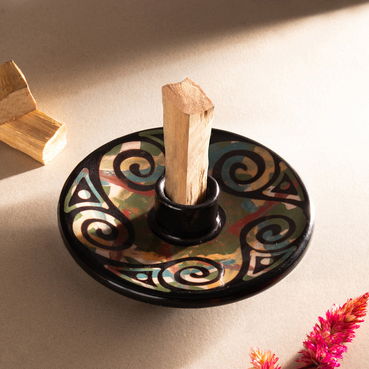 Handcrafted Swirl-Patterned Round Ceramic Palo Santo Burner - Ancestral Swirls | NOVICA
