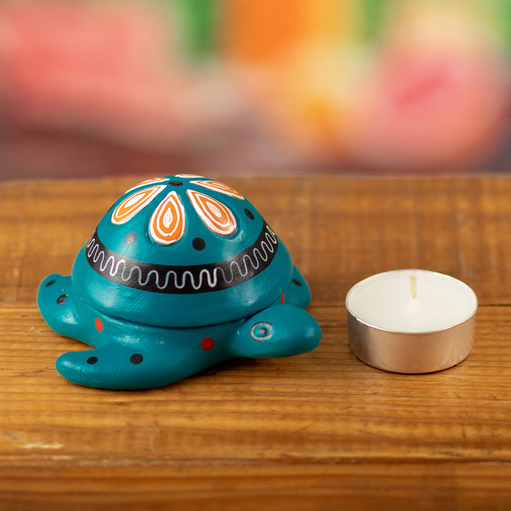 Hand-Painted Green Ceramic Turtle Tealight Candleholder - Luminous Carapace | NOVICA