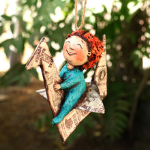 Load image into Gallery viewer, Hand-Painted Papier Mache Ornament of Child and Paper Crane - Dreamy Childhood | NOVICA
