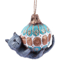 Load image into Gallery viewer, Hand-Painted Papier Mache Ornament of Cat and Holiday Ball - Feline Sphere | NOVICA
