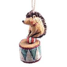 Load image into Gallery viewer, Hand-Painted Papier Mache Ornament of Hedgehog on a Drum - Hedgehog&#39;s Spectacle | NOVICA
