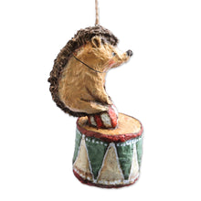 Load image into Gallery viewer, Hand-Painted Papier Mache Ornament of Hedgehog on a Drum - Hedgehog&#39;s Spectacle | NOVICA
