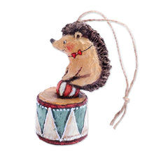 Load image into Gallery viewer, Hand-Painted Papier Mache Ornament of Hedgehog on a Drum - Hedgehog&#39;s Spectacle | NOVICA
