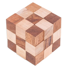Load image into Gallery viewer, Handcrafted Natural Brown Raintree and Rubberwood Snake Cube - Logic Squares | NOVICA
