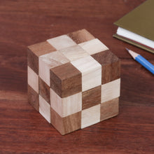 Load image into Gallery viewer, Handcrafted Natural Brown Raintree and Rubberwood Snake Cube - Logic Squares | NOVICA
