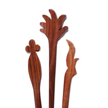Load image into Gallery viewer, Set of 3 Hand-Carved Leafy Natural Brown Mango Wood Hairpins - Noble Grace | NOVICA
