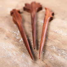 Load image into Gallery viewer, Set of 3 Hand-Carved Leafy Natural Brown Mango Wood Hairpins - Noble Grace | NOVICA
