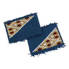 Load image into Gallery viewer, 2 Blue Cotton Coasters with Hand-Embroidered Geometric Motif - Embellished Blue | NOVICA
