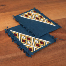 Load image into Gallery viewer, 2 Blue Cotton Coasters with Hand-Embroidered Geometric Motif - Embellished Blue | NOVICA
