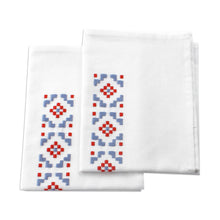 Load image into Gallery viewer, Geometric Embroidered Blue and Red Cotton Tea Towels (Pair) - Intense Dreams | NOVICA
