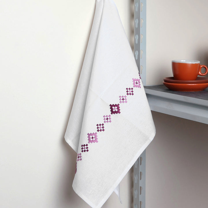 Geometric Embroidered Burgundy Cotton Tea Towel - Burgundy Sparkles | NOVICA