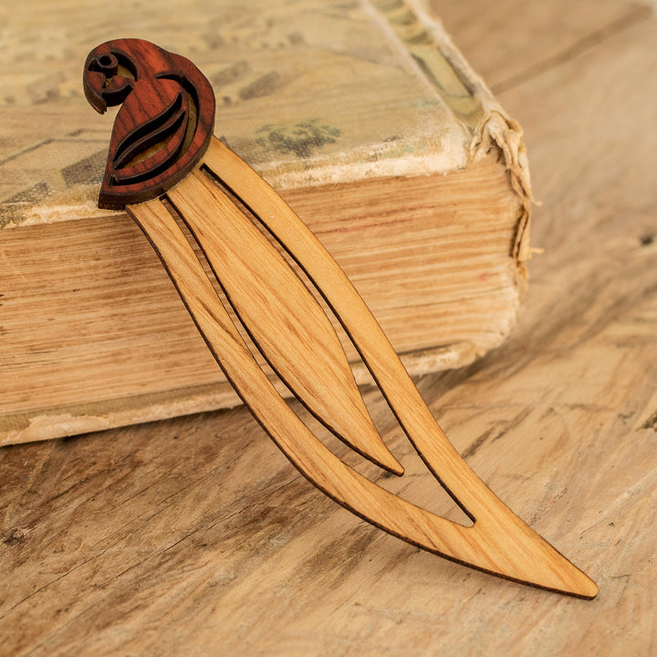 Macaw-Themed Leafy Teak and Mora Wood Bookmark - Intellectual Macaw | NOVICA