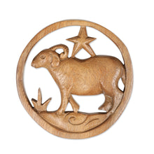 Load image into Gallery viewer, Aries-Themed Hand-Carved Round Suar Wood Relief Panel - Aries Firmament | NOVICA
