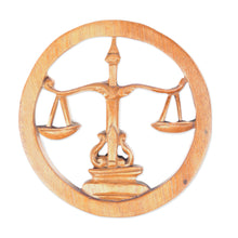 Load image into Gallery viewer, Hand-Carved Round Wood Libra Zodiac Sign Wall Relief Panel - Libra Firmament | NOVICA
