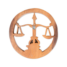 Load image into Gallery viewer, Hand-Carved Round Wood Libra Zodiac Sign Wall Relief Panel - Libra Firmament | NOVICA

