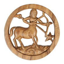 Load image into Gallery viewer, Sagittarius-Themed Hand-Carved Round Suar Wood Relief Panel - Sagittarius Firmament | NOVICA
