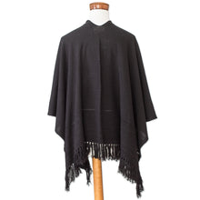 Load image into Gallery viewer, Black Cotton Ruana with Fringe Handwoven in Guatemala - Ancestral Elegance | NOVICA
