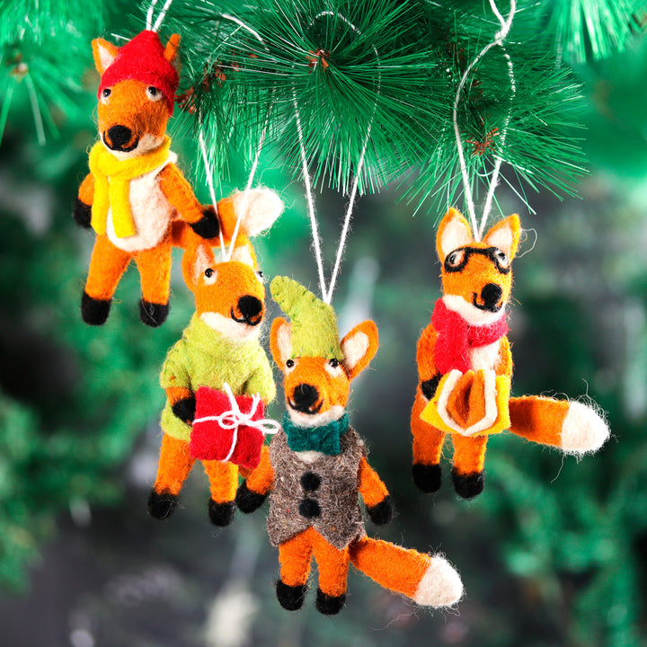 Set of 4 Handcrafted Wool Felt Fox Ornaments from India - Fantastic Fox Friends | NOVICA