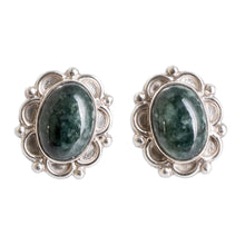 Load image into Gallery viewer, Sterling Silver Button Earrings with Dark Green Jade Stones - Maya Queen | NOVICA
