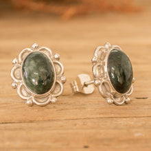 Load image into Gallery viewer, Sterling Silver Button Earrings with Dark Green Jade Stones - Maya Queen | NOVICA
