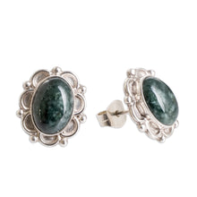 Load image into Gallery viewer, Sterling Silver Button Earrings with Dark Green Jade Stones - Maya Queen | NOVICA
