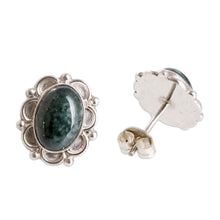 Load image into Gallery viewer, Sterling Silver Button Earrings with Dark Green Jade Stones - Maya Queen | NOVICA
