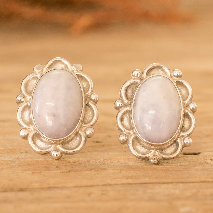 Sterling Silver Button Earrings with Lilac Jade Stones - Maya Queen in Lilac | NOVICA