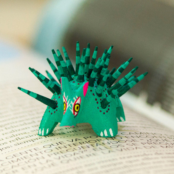 Hand-Painted Wood Alebrije Porcupine Figurine in Jade Green - Cute Porcupine in Jade | NOVICA