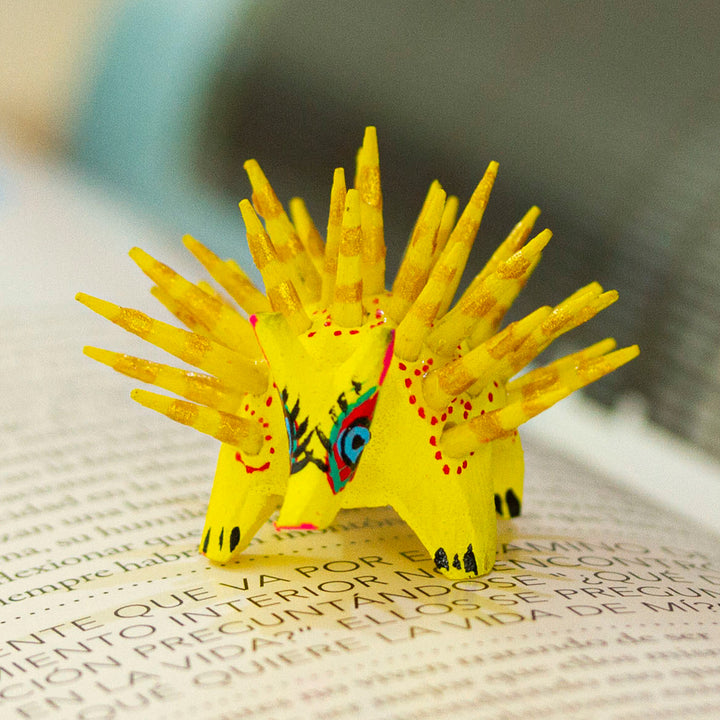 Hand-Painted Wood Alebrije Porcupine Figurine in Yellow - Cute Porcupine in Yellow | NOVICA