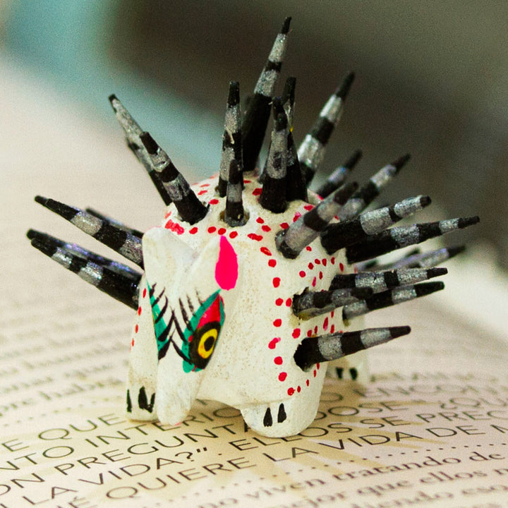 Hand-Painted Wood Alebrije Porcupine Figurine in White - Cute Porcupine in White | NOVICA