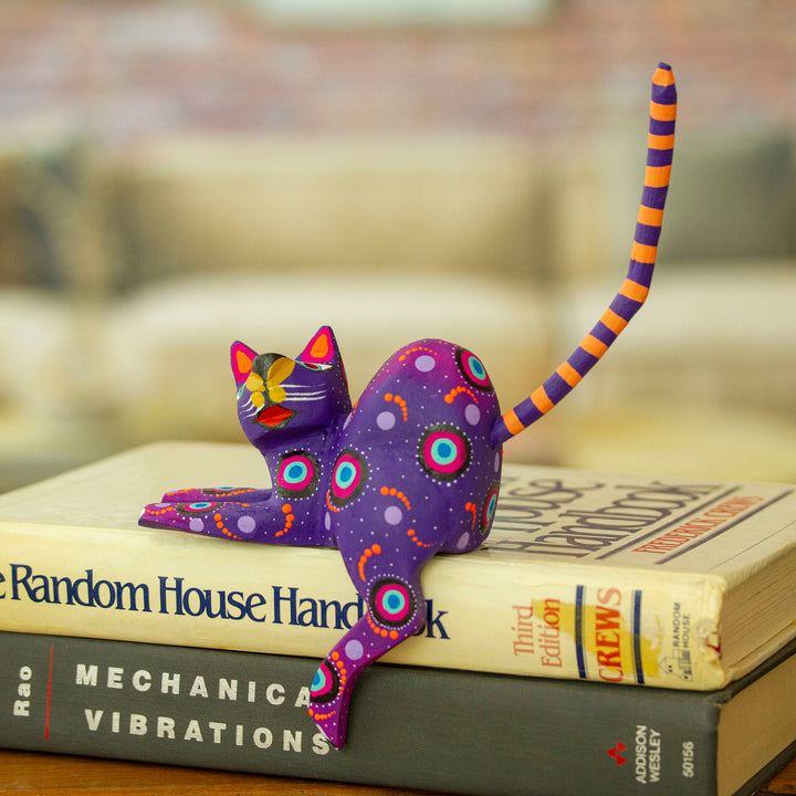 Hand-Painted Purple Copal Wood Alebrije Cat Figurine - Placid Feline in Purple | NOVICA