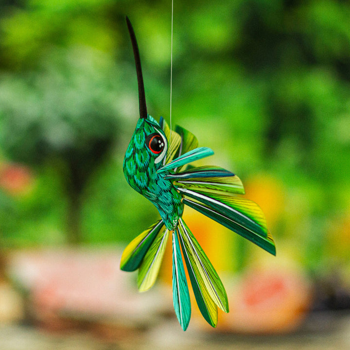 Hand-Painted Green Copal Wood Alebrije Bird Ornament - Jungle Plumage | NOVICA