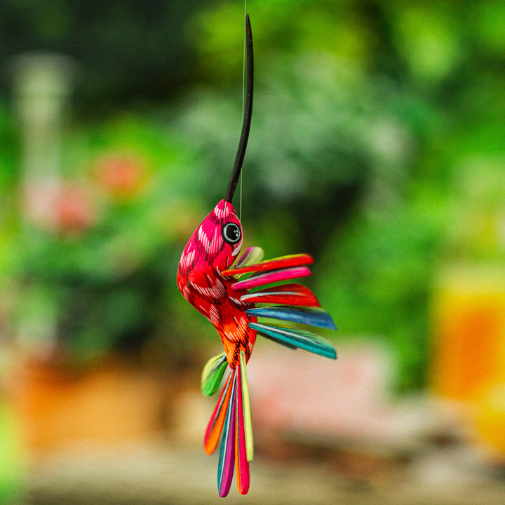 Hand-Painted Carnation Copal Wood Alebrije Bird Ornament - Festival Plumage | NOVICA