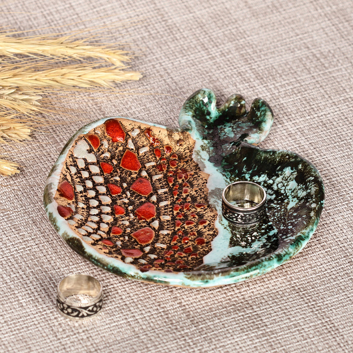 Armenian Turquoise and Red Ceramic Pomegranate Catchall - From the Lagoon | NOVICA