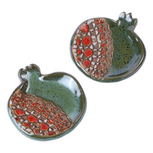 Load image into Gallery viewer, Pair of Glazed Green and Red Ceramic Pomegranate Catchalls - Omens from the Forest | NOVICA
