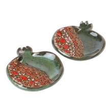 Load image into Gallery viewer, Pair of Glazed Green and Red Ceramic Pomegranate Catchalls - Omens from the Forest | NOVICA
