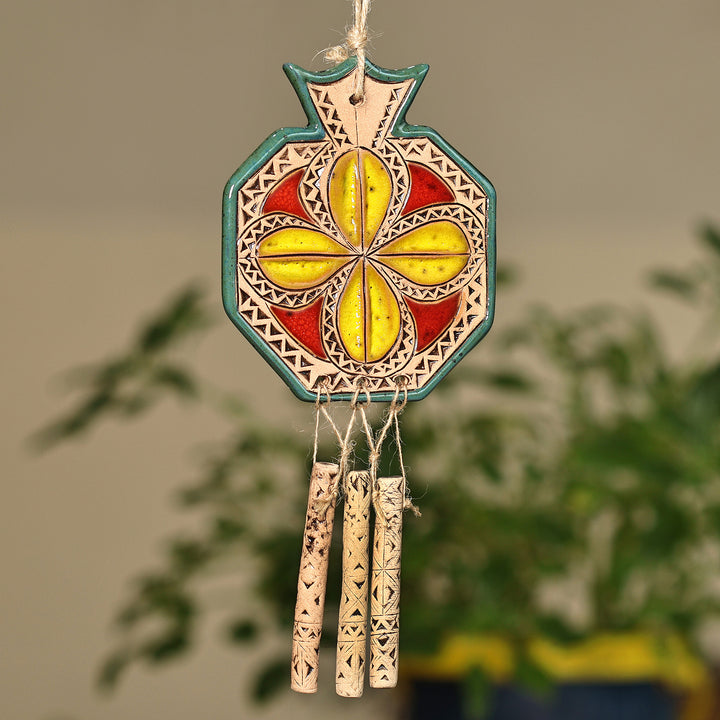 Floral Pomegranate-Shaped Ceramic Windchime in Yellow - Prosperity Melodies | NOVICA