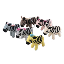 Load image into Gallery viewer, Set of Six Colorful Wool and Cotton Zebra Ornaments - Zebra Realm | NOVICA
